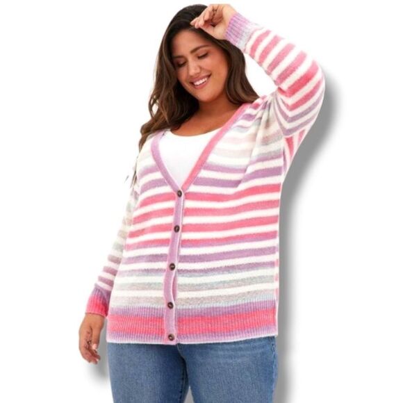 Nwt long line oversized cardigan sweater colorful pink rainbow striped Torrid 4x - Picture 2 of 8